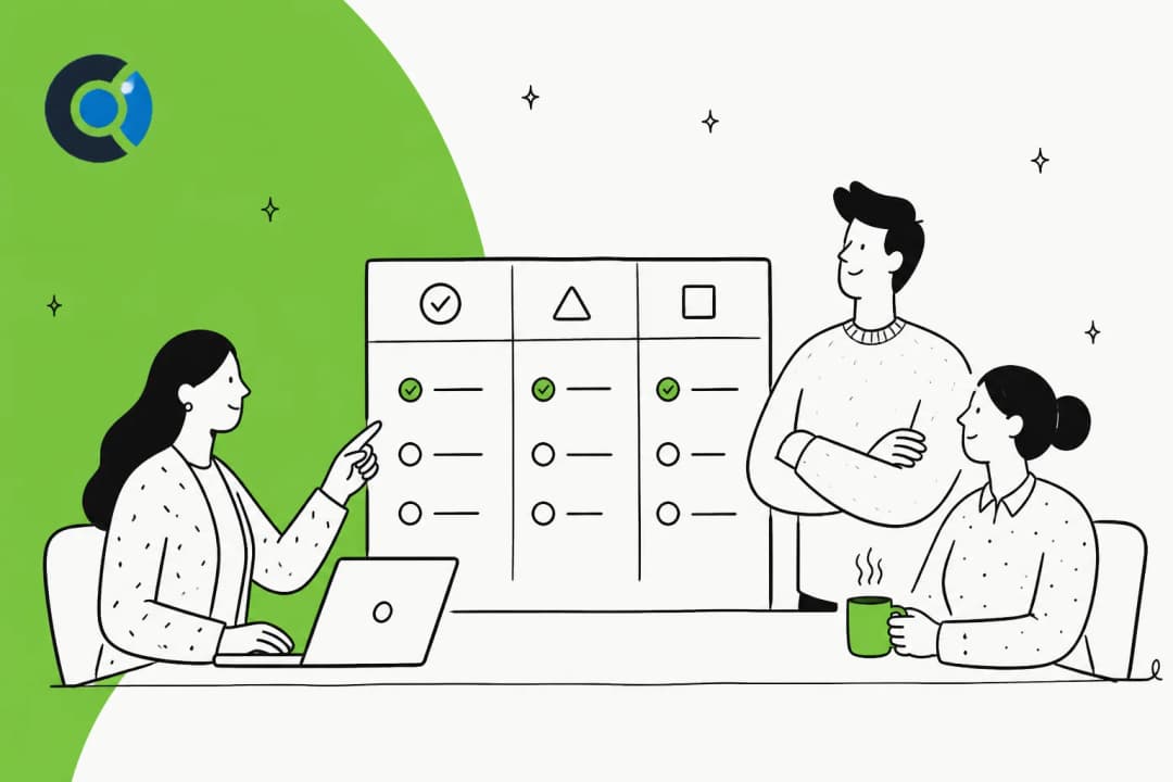 Illustration of a team comparing customer success platforms on a feature matrix