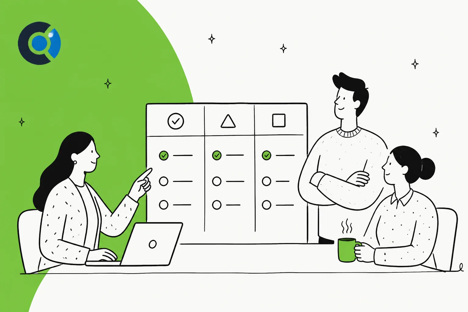Illustration of a team comparing customer success platforms on a feature matrix