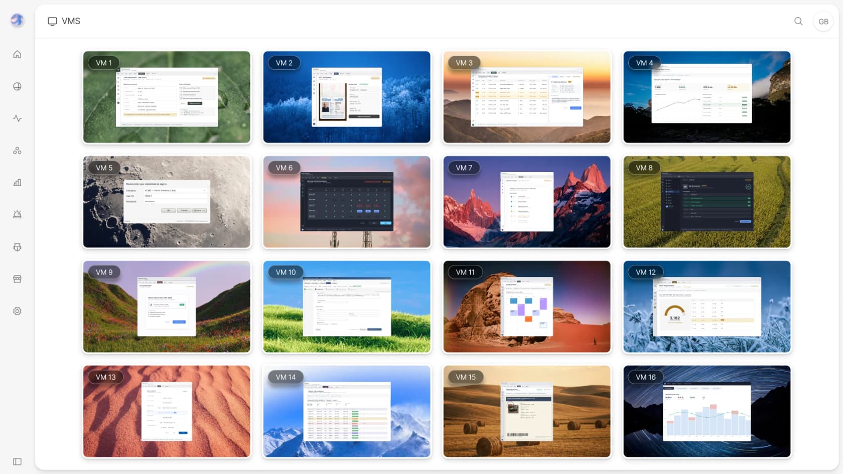 A grid of virtual-machine sessions, each showing a Wonderful agent working inside a different legacy system with a recording badge, as taken from Wonderful