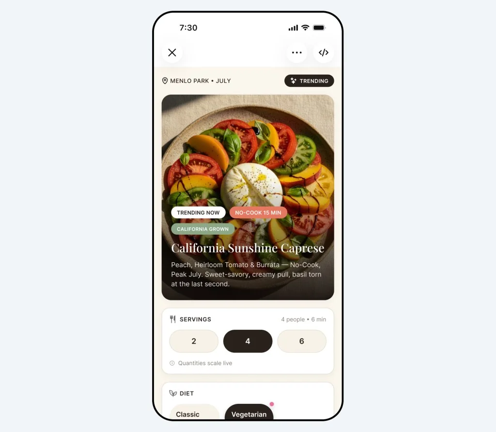 A Meta AI generated interactive recipe artifact on a phone, with live-scaling serving sizes and a diet toggle, as taken from Meta Newsroom