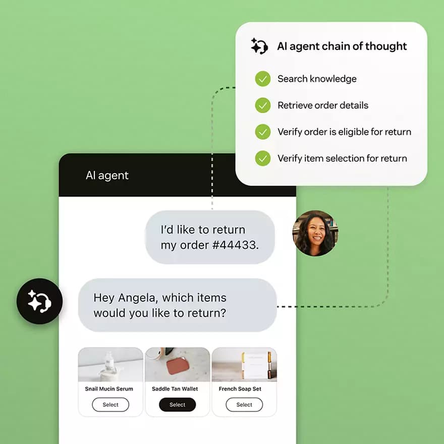 Zendesk's AI agent walking through a return request, showing its chain of thought verifying the order and item selection, as taken from Zendesk