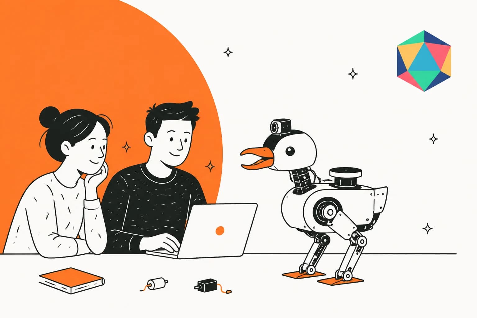 Illustration of two people at a laptop next to a small Microduck robot on roller skates