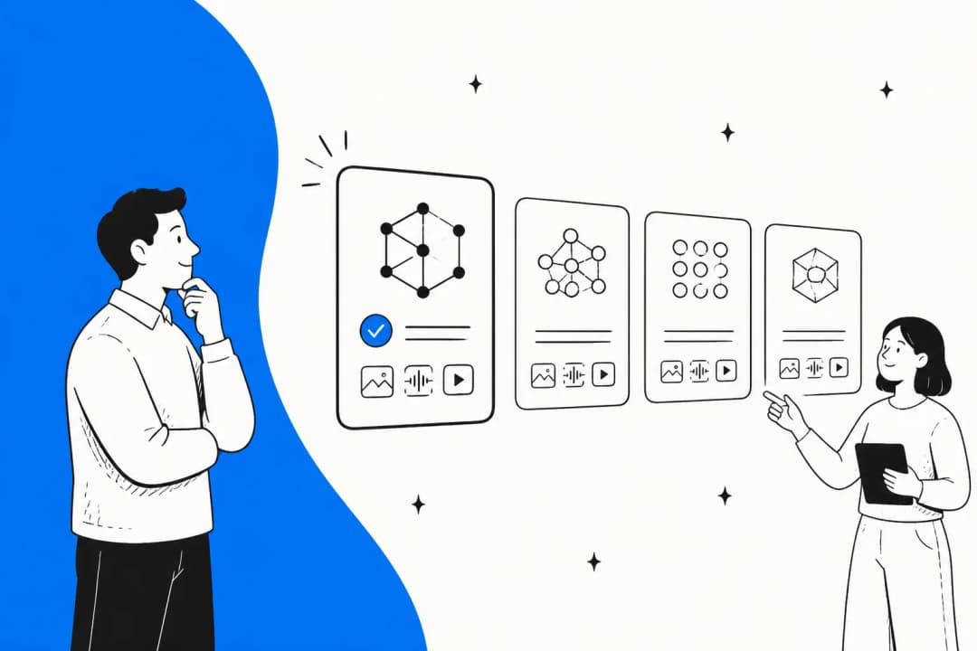 Illustration of someone comparing multimodal AI model cards, choosing an alternative to GLM-5.3-Flash