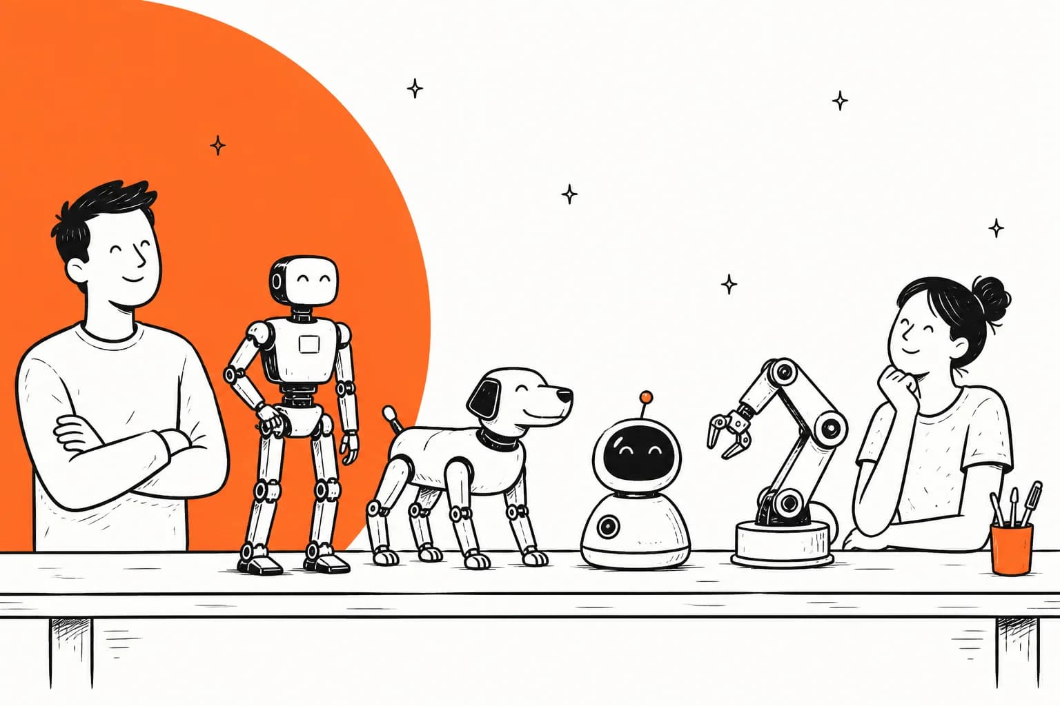 A lineup of small hobby robots on a workbench: a two-legged robot, a robot dog, a desktop companion, and a robotic arm