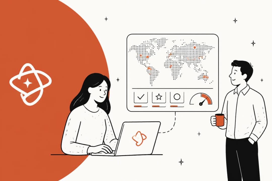 Editorial illustration of a fast decision engine sorting typed answers, in Laya terracotta