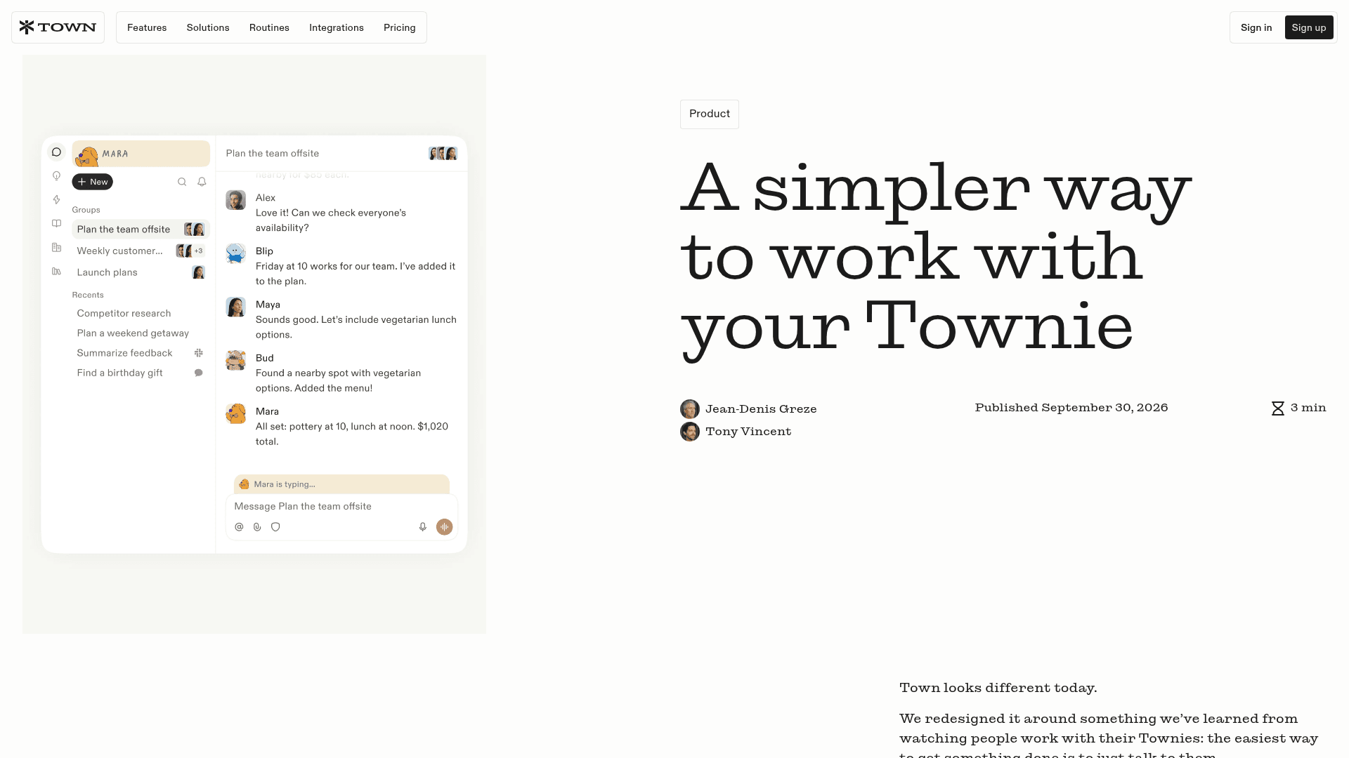 Town's redesign announcement, "A simpler way to work with your Townie", showing a group thread where teammates and their Townies plan a team offsite, as taken from Town's blog
