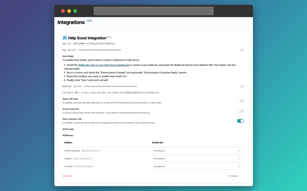 The DocsBot Help Scout integration settings with webhook and mailbox mapping, as taken from DocsBot