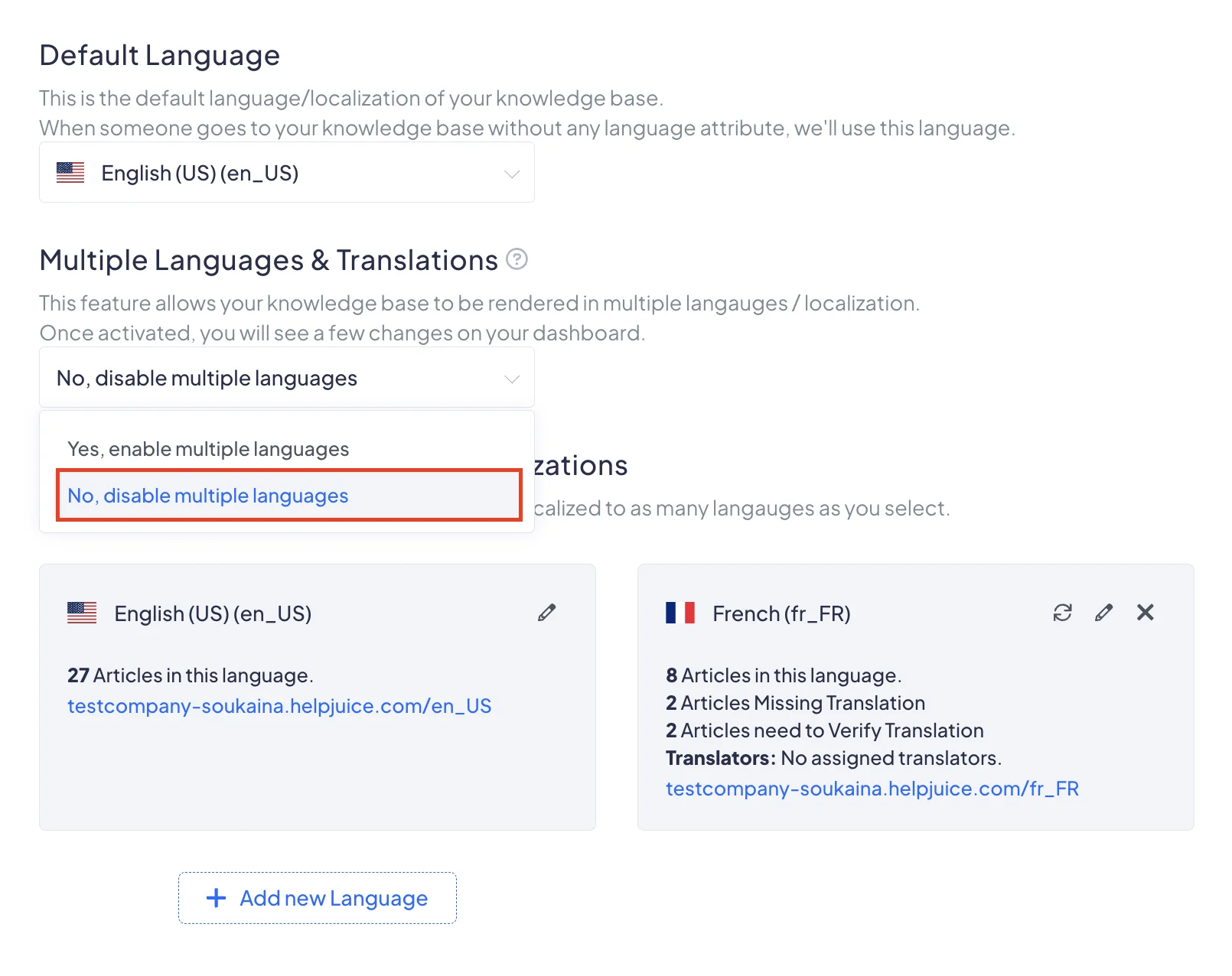 Helpjuice language switcher showing multiple published locales