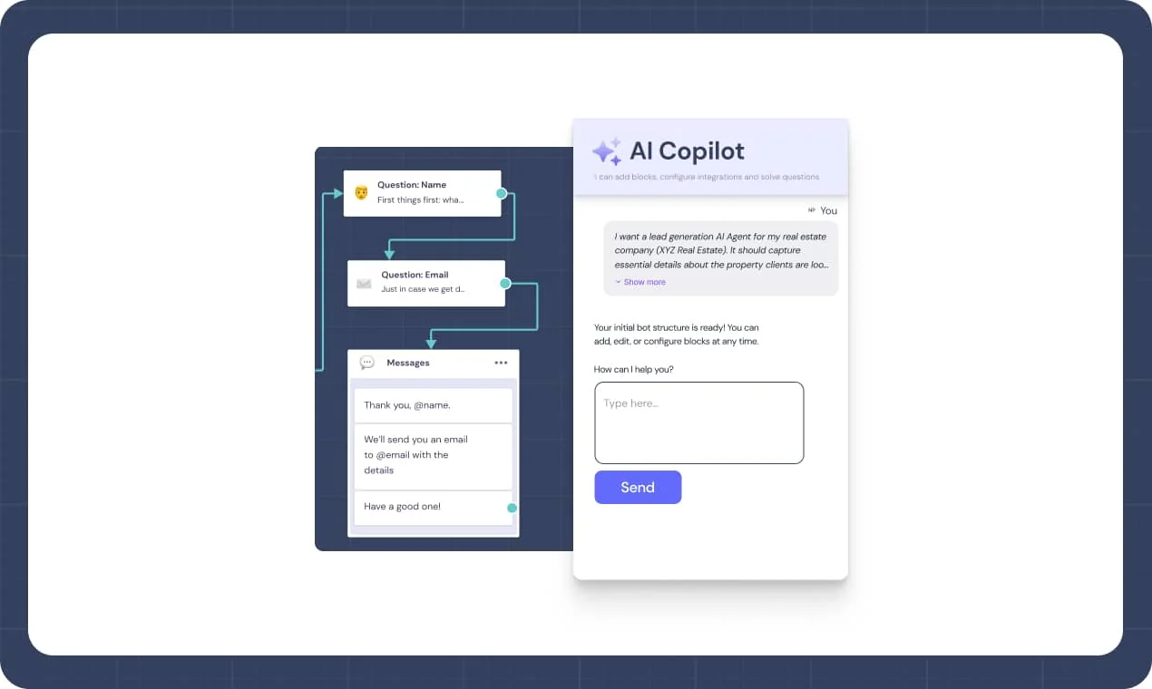 The Landbot AI Copilot panel generating a real estate lead generation flow with name and email questions on the canvas, as taken from the Landbot 4 launch post