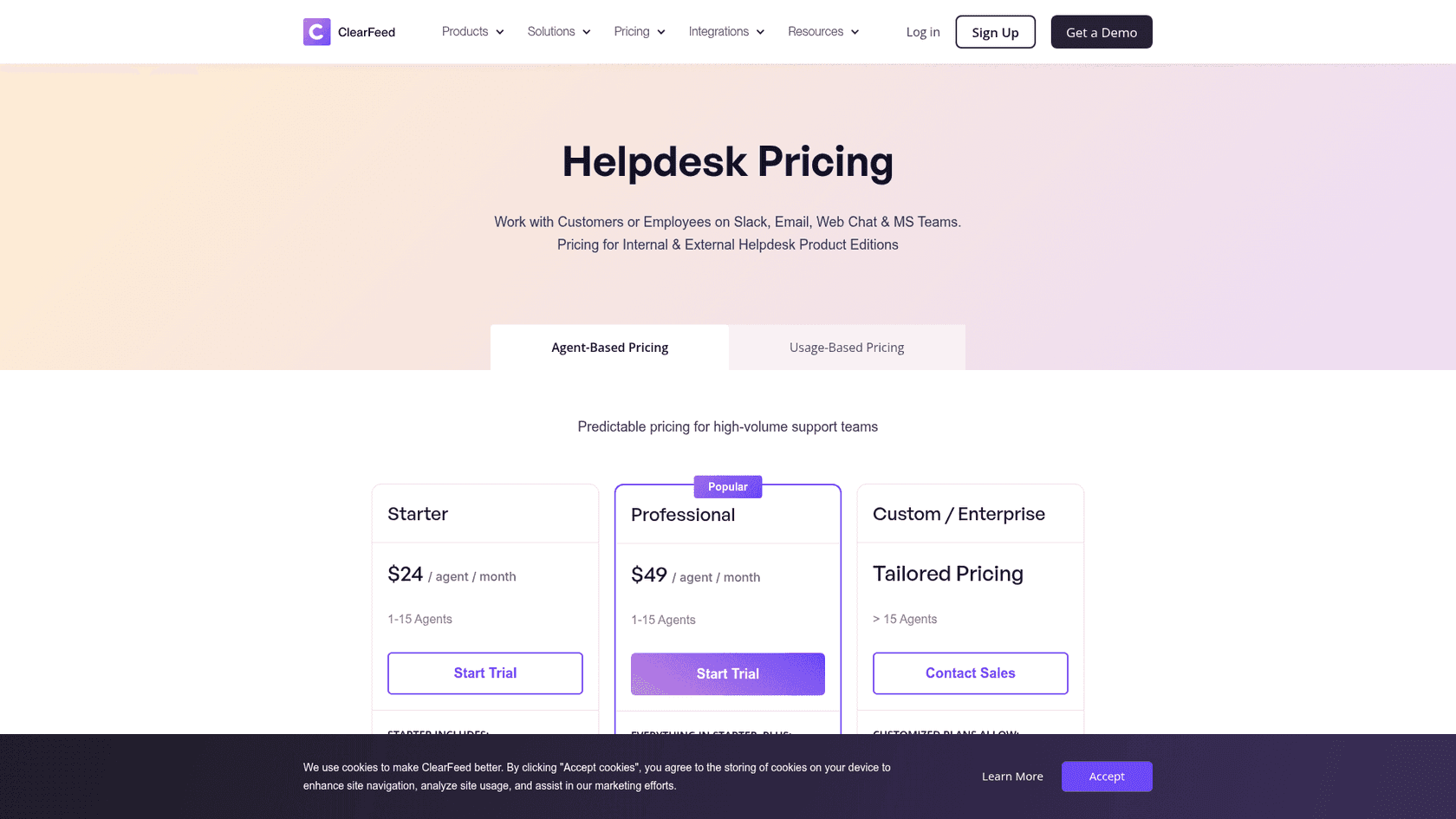 The Helpdesk pricing page with its agent-based and usage-based tabs, as taken from ClearFeed