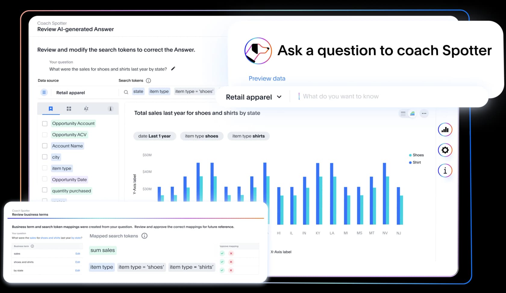 ThoughtSpot's coach Spotter screen where a user reviews and corrects the search tokens mapped from a question about shoe and shirt sales by state, as taken from ThoughtSpot