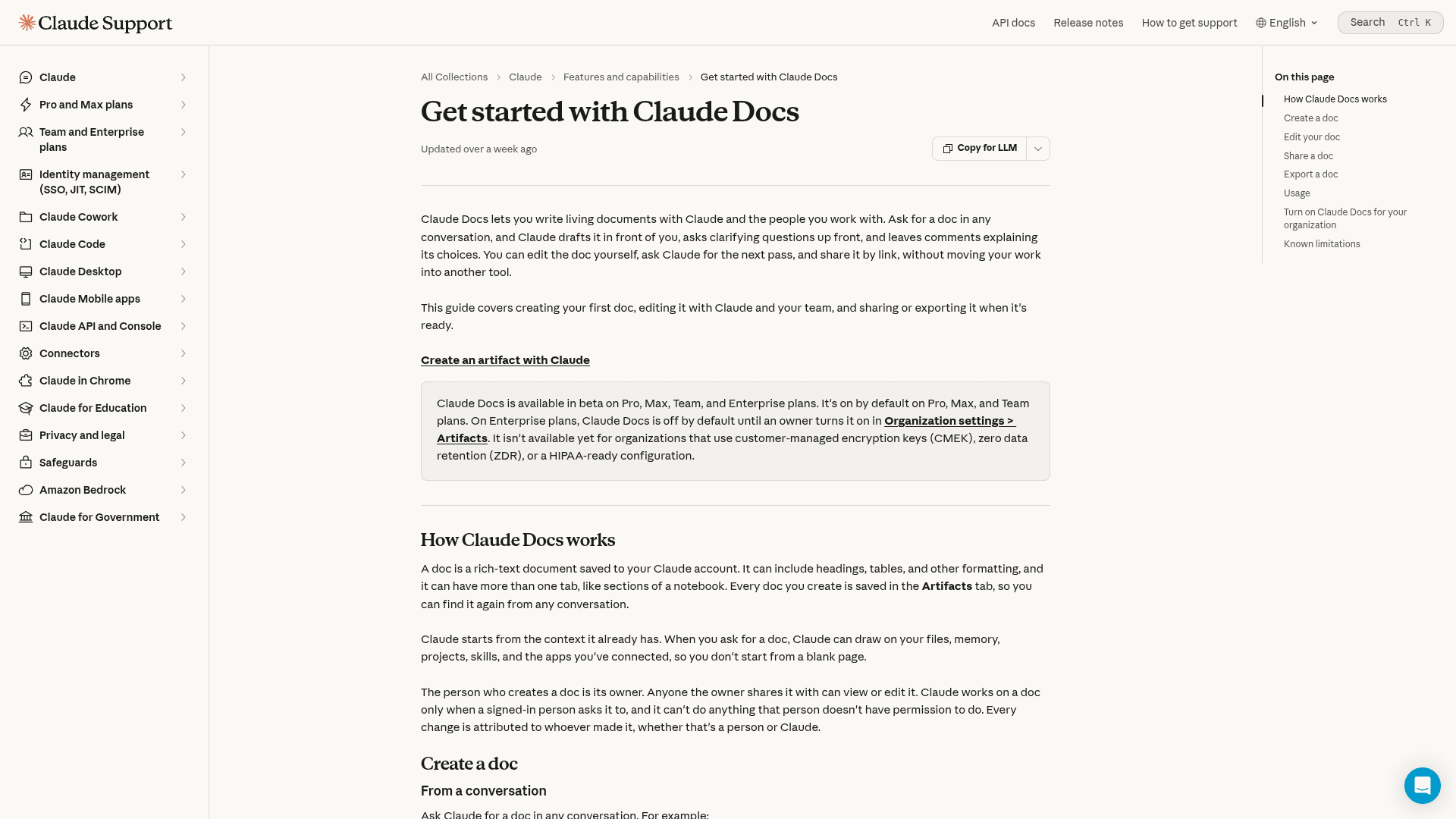 Anthropic's Get started with Claude Docs help article explaining living documents you write with Claude and teammates, as taken from the Claude Help Center