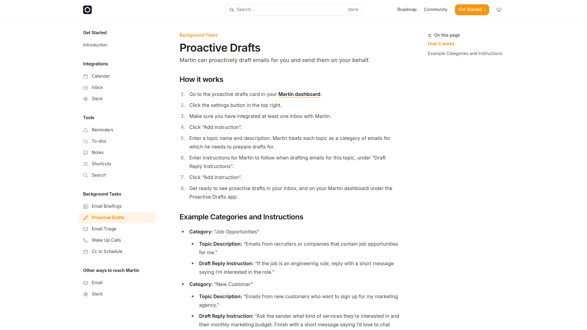 Martin's docs page for Proactive Drafts, listing the eight setup steps and example topics such as Job Opportunities and New Customer, as taken from docs.trymartin.com