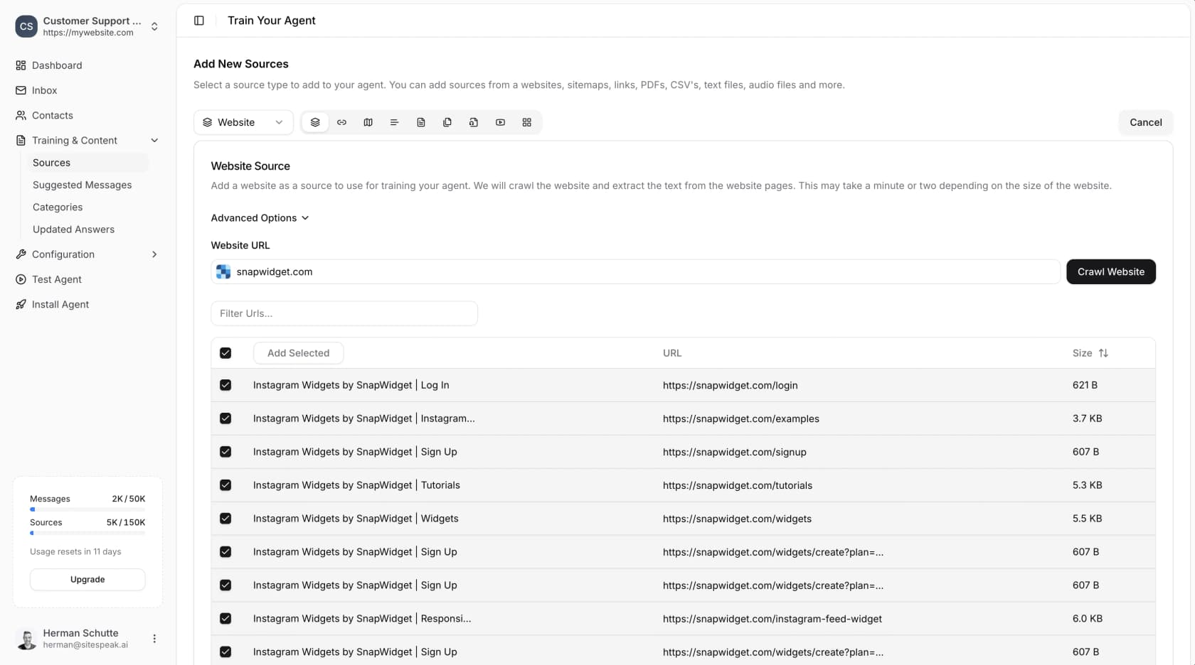 SiteSpeak's Train Your Agent screen listing pages discovered by a website crawl, each with a checkbox, URL and size, as taken from SiteSpeak's docs