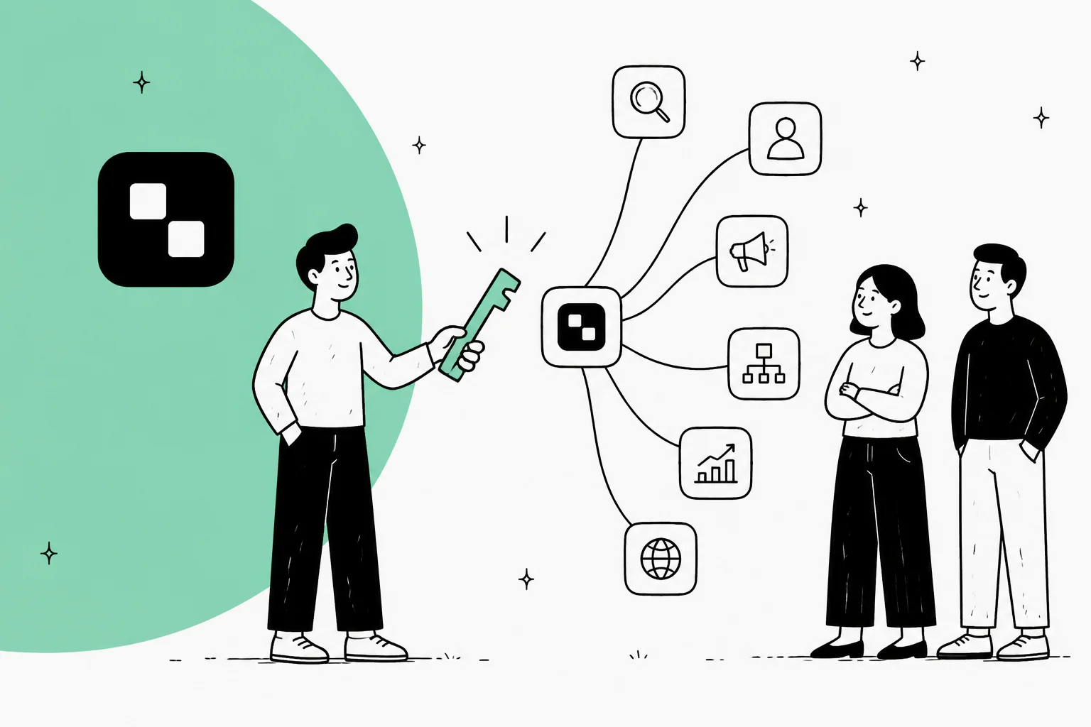 A hand-drawn illustration of a person holding a large green key that connects the Treg logo to tool icons for search, people, ads, workflows, charts and the web, while two colleagues watch