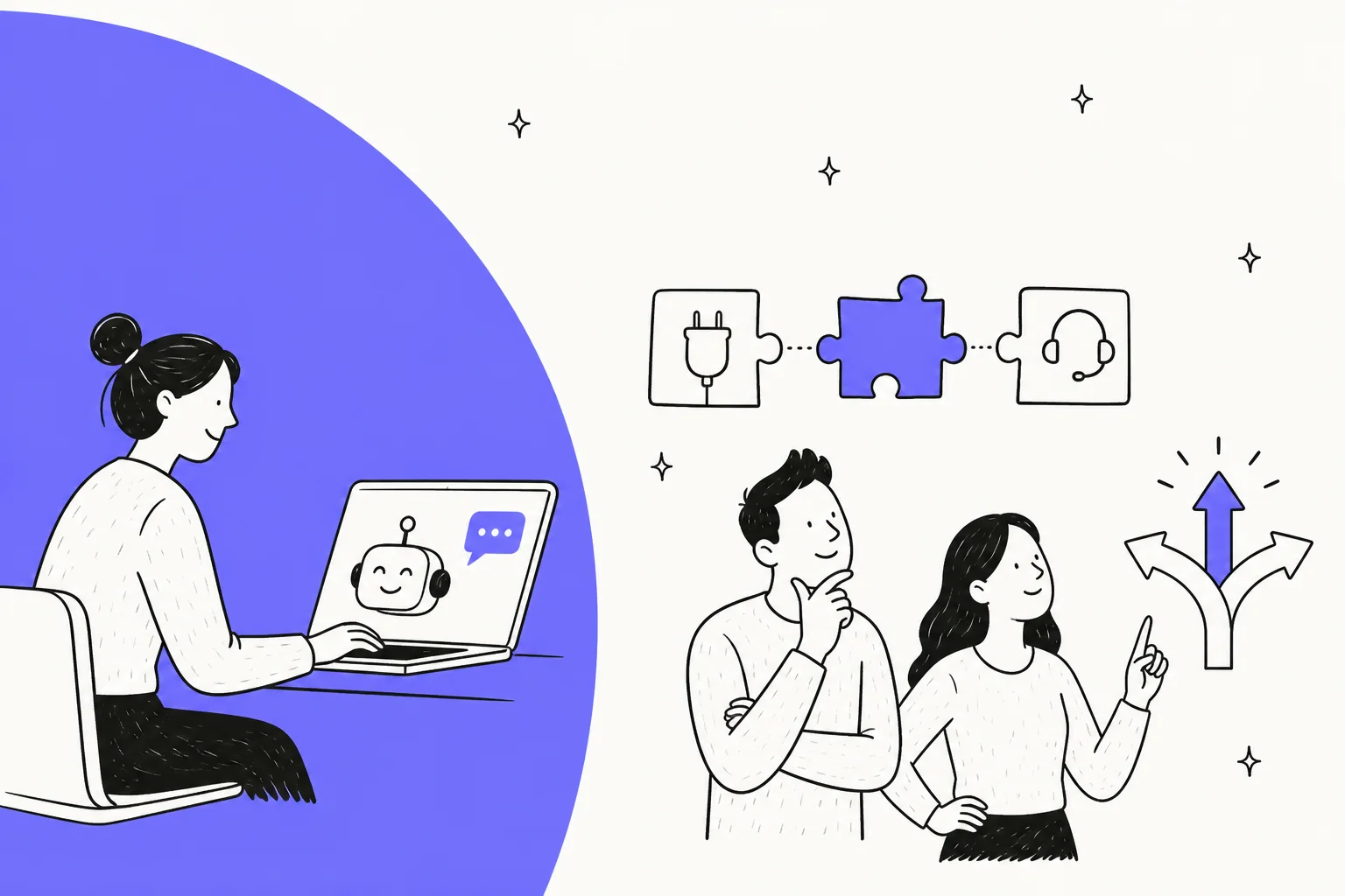 Illustration of a support agent using an AI assistant, with a puzzle-piece integration linking a plug and a headset