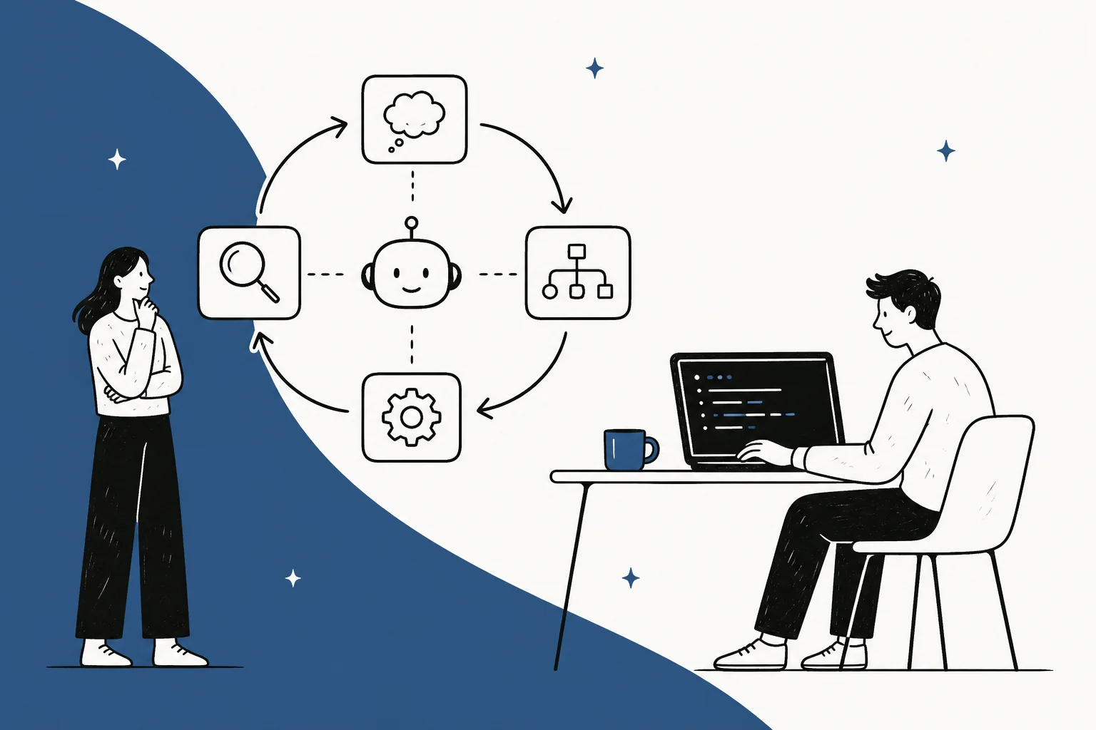 Hand-drawn illustration of an AI agent loop next to a developer at a terminal
