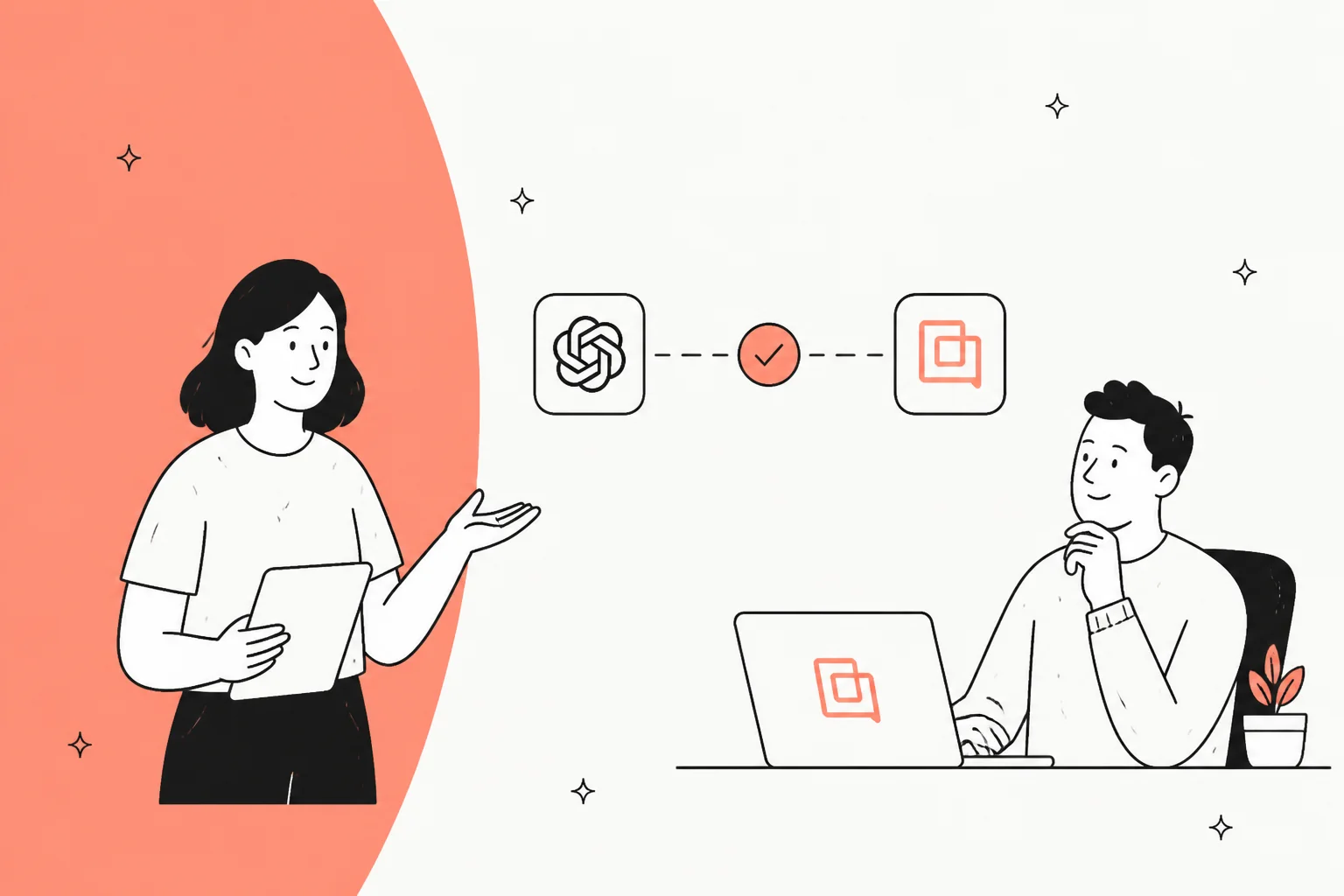 Illustration of ChatGPT and OpenAI connecting into the Gorgias helpdesk