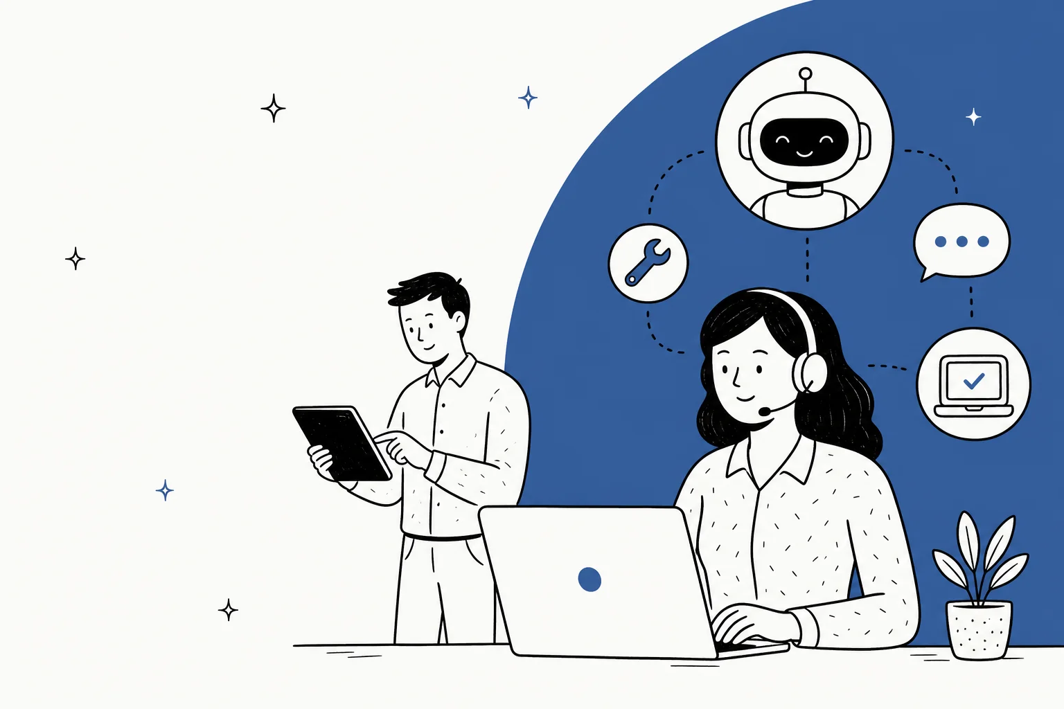 Illustration of AI tools working across a tech support and IT help desk