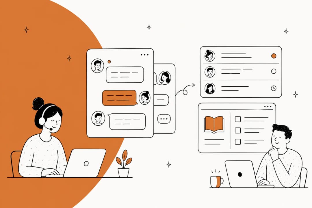 Illustration of layered live chat, ticketing, and knowledge base panels for a support team weighing helpdesk software