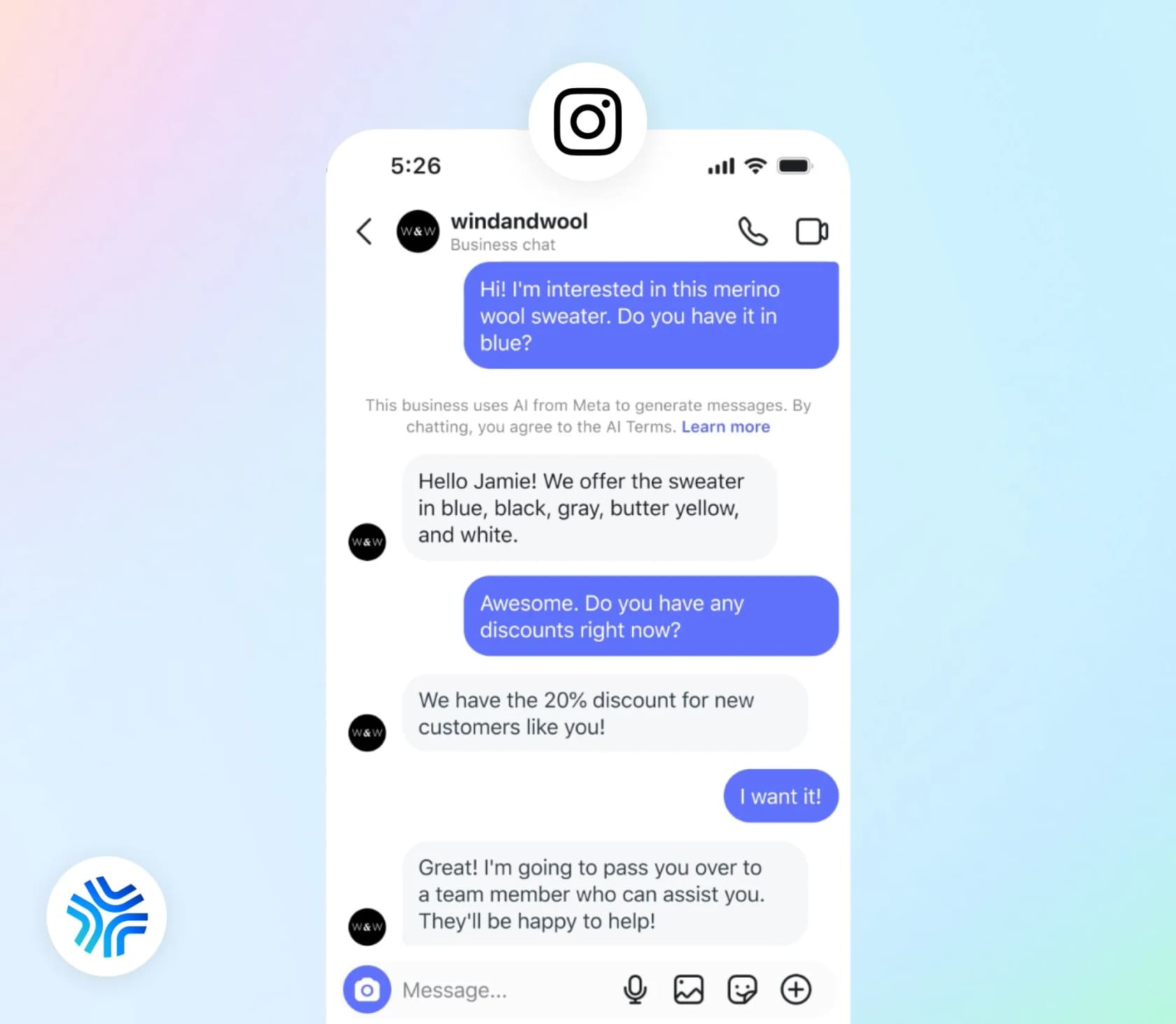 Instagram chat where Meta Business Agent answers a shopper about sweater colors and a 20% new-customer discount, then says it will pass them to a team member, as taken from Meta's launch post