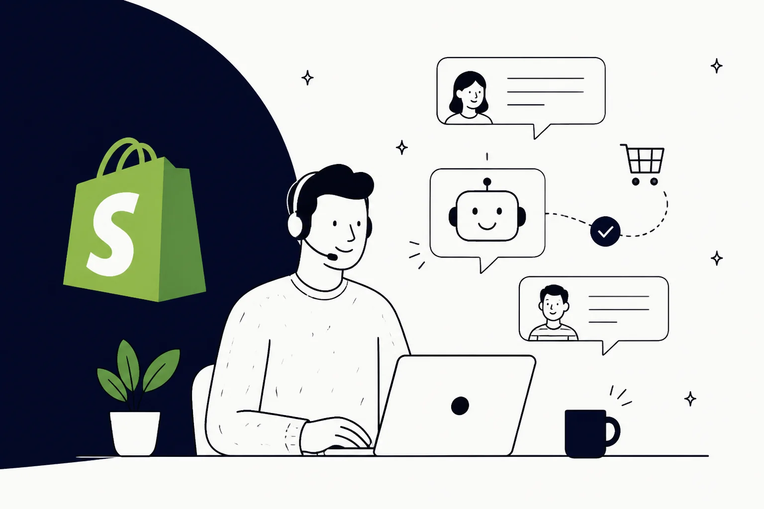 Grok Bot handling Shopify customer support, illustrated hero banner