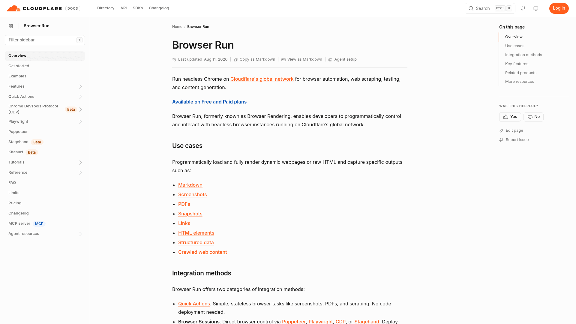 Cloudflare Browser Run documentation showing the headless browser platform, as taken from Cloudflare