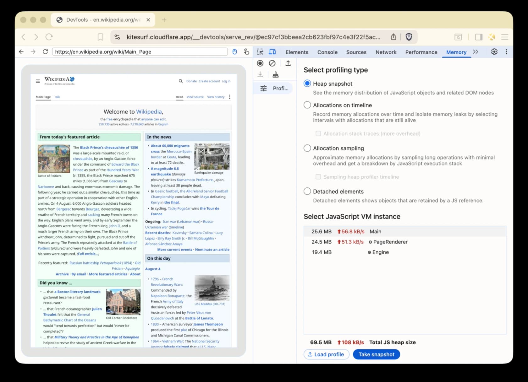 Chrome DevTools Memory panel inside the Kitesurf playground listing per-isolate footprints for Main, PageRenderer and Engine while rendering Wikipedia