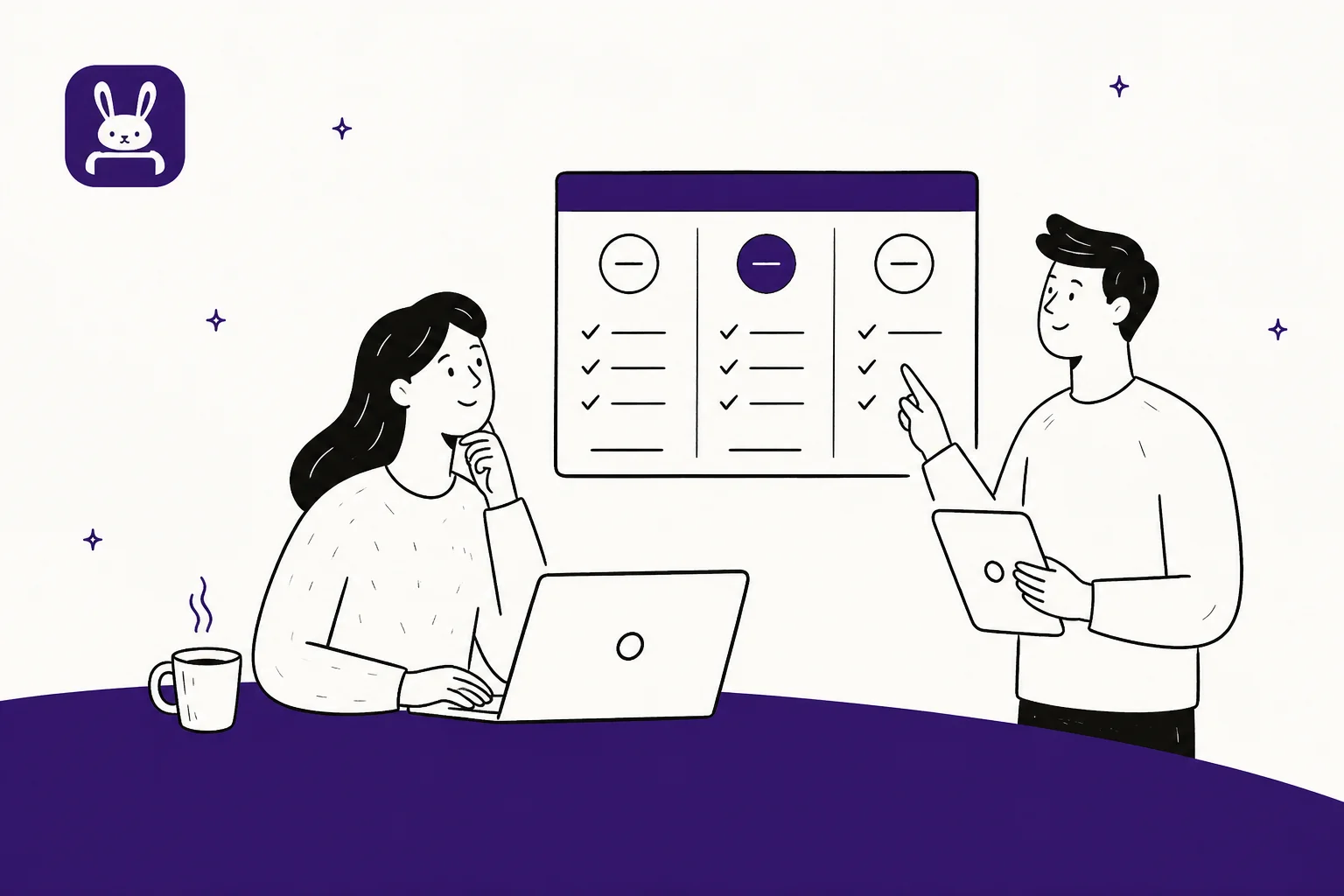 Illustration of two people reviewing a three-column BunnyDesk pricing table