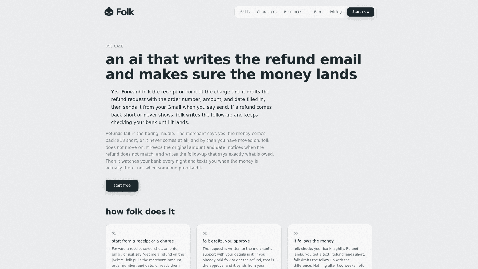 folk's refunds use case page headlined "an ai that writes the refund email and makes sure the money lands," explaining that folk drafts the refund request and sends it from your Gmail, as captured from folk.com