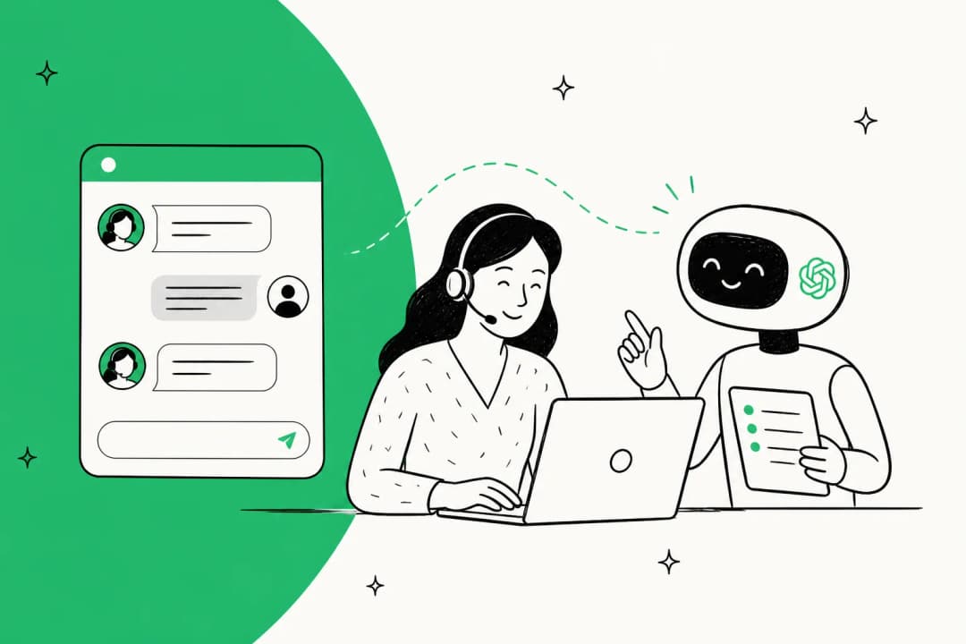 Illustration of a chat widget and an AI assistant answering customer messages in a Freshchat-style live chat