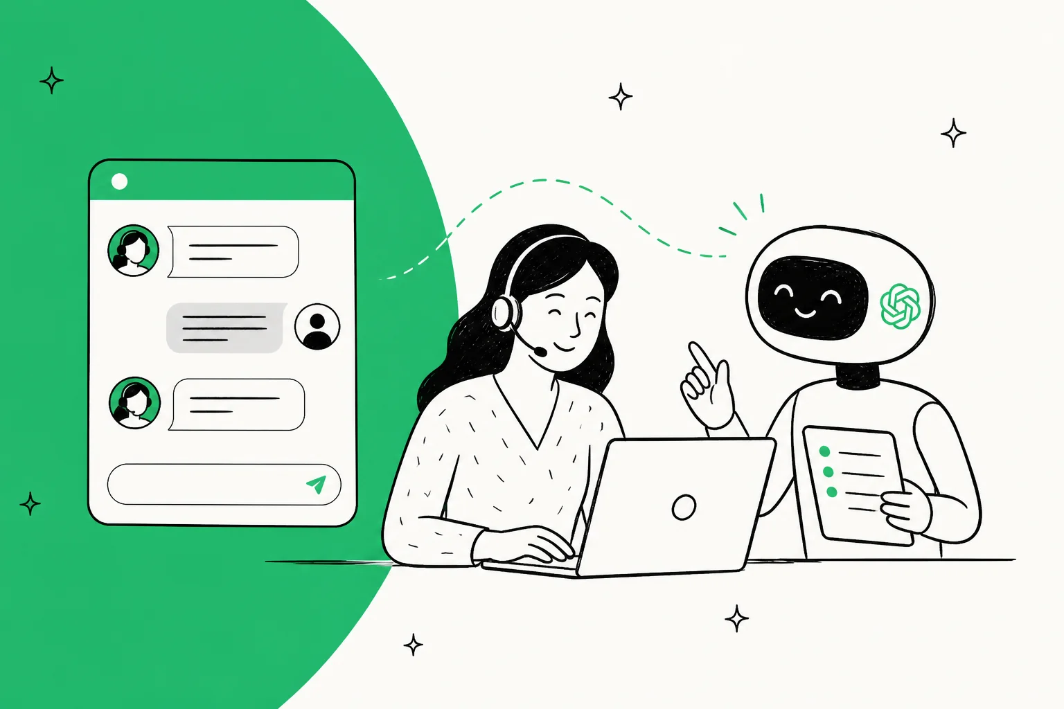Illustration of a chat widget and an AI assistant answering customer messages in a Freshchat-style live chat