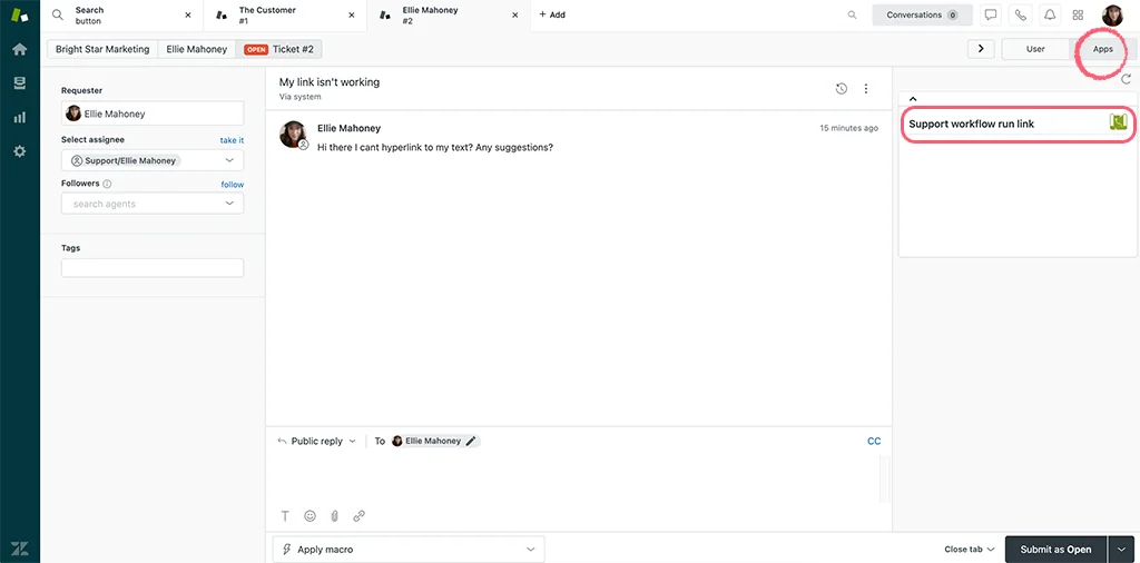 Zendesk ticket with a Support workflow run link app highlighted in the apps sidebar, as taken from Process Street's help center