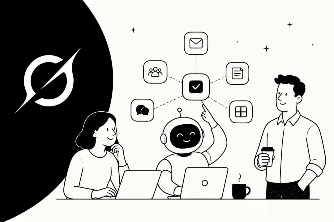 Illustration of an AI teammate working at a desk alongside two colleagues, with tool icons above it and the Grok logo at left