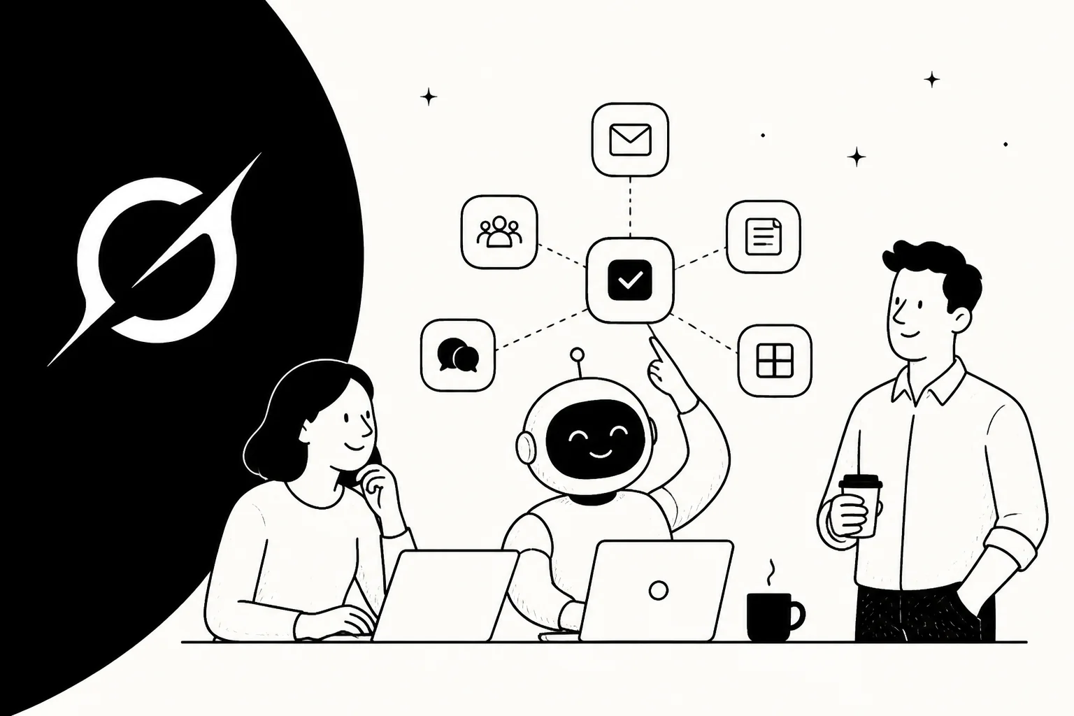 Illustration of an AI teammate working at a desk alongside two colleagues, with tool icons above it and the Grok logo at left