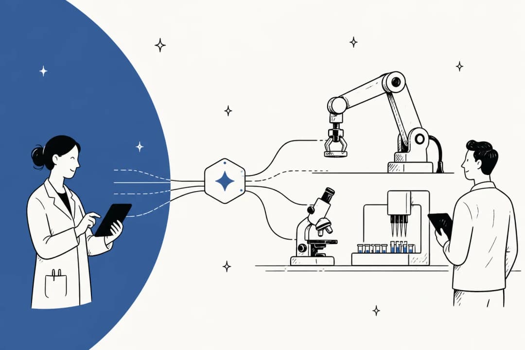 Illustration of a scientist connecting through a central hub to a robotic arm, microscope, and liquid handler