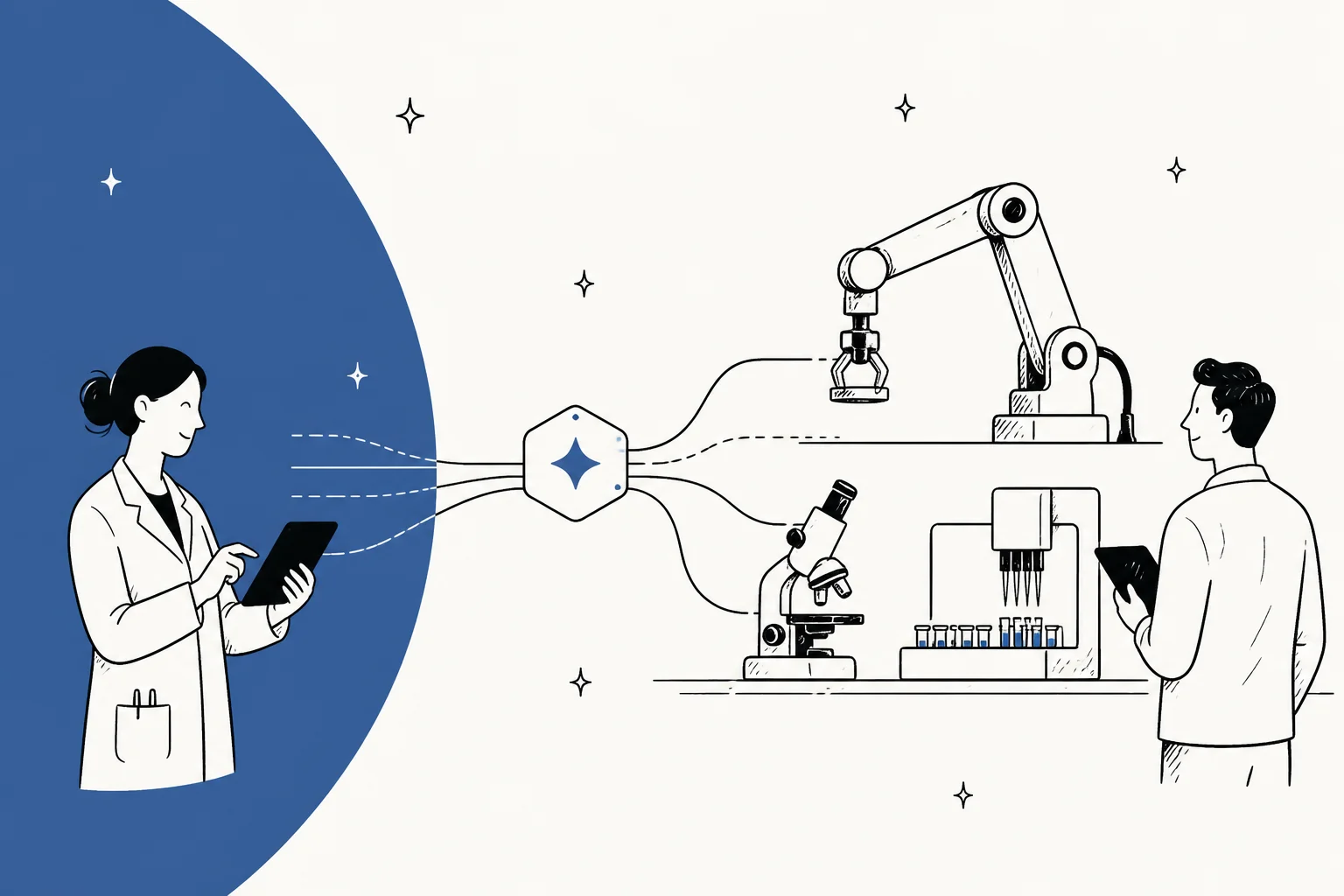 Illustration of a scientist connecting through a central hub to a robotic arm, microscope, and liquid handler