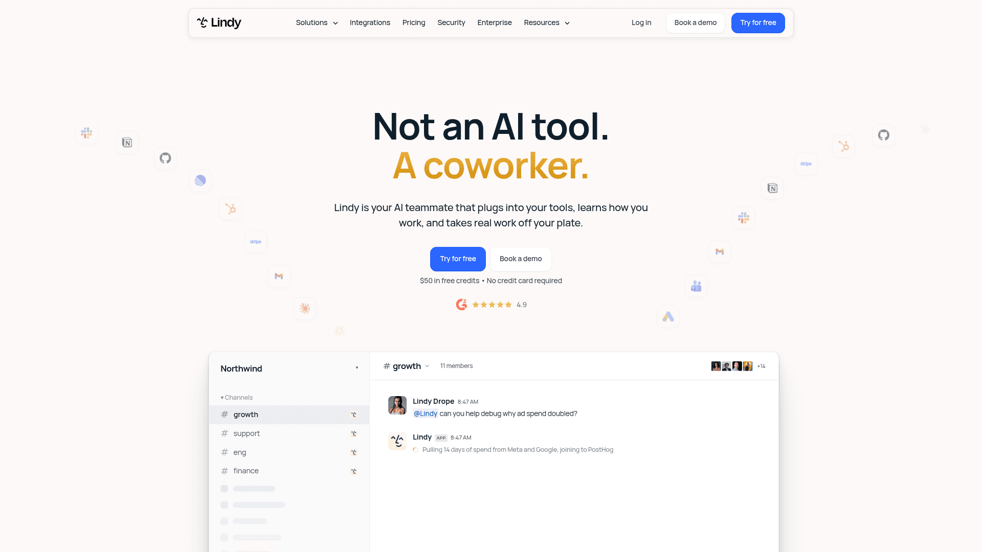 Lindy's homepage headlined "Not an AI tool. A coworker." with a Try for free button, a note about $50 in free credits, and a Slack-style workspace where a teammate asks Lindy to debug ad spend, as captured from lindy.ai