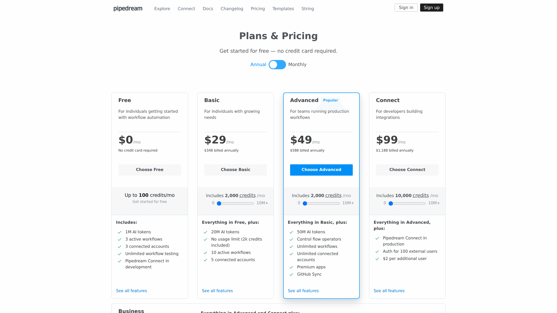 The Pipedream pricing page showing Free, Basic, Advanced and Connect plans, with Connect at $99 a month including 10,000 credits, auth for 100 external users and $2 per additional user, as taken from Pipedream
