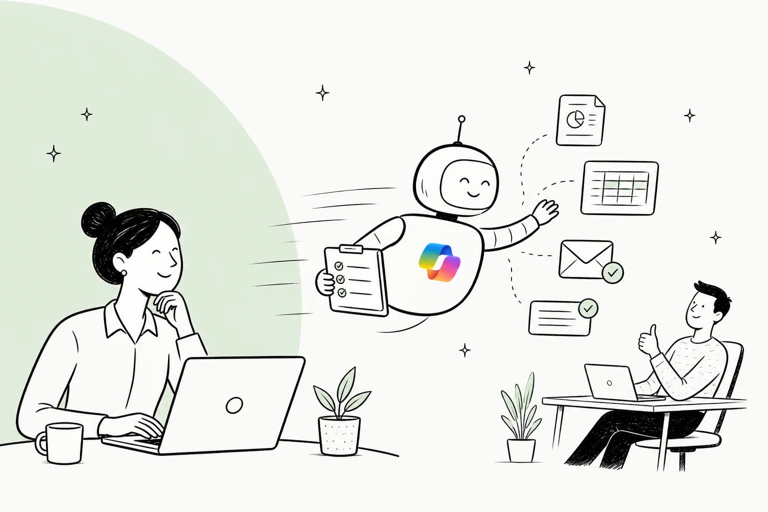 Illustration of an autonomous Copilot agent delivering completed work to two people at their desks