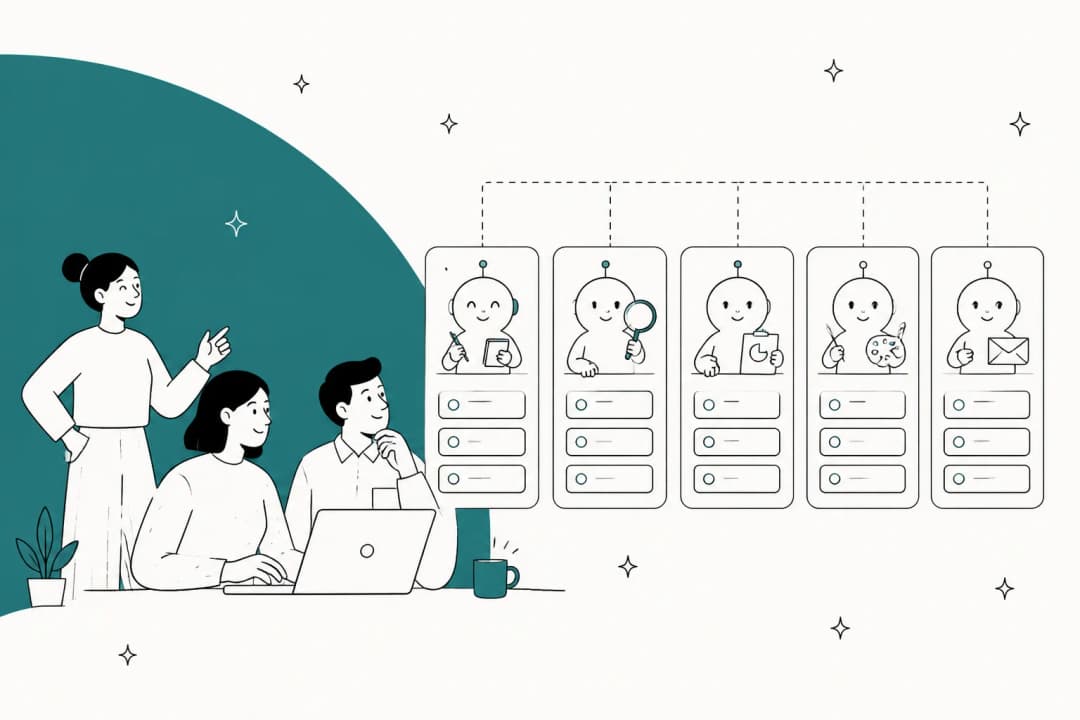 Illustration eines kleinen menschlichen Teams, das neben mehreren KI-Rollenkarten arbeitet, von denen jede ihre eigene Warteschlange an Arbeit hält
