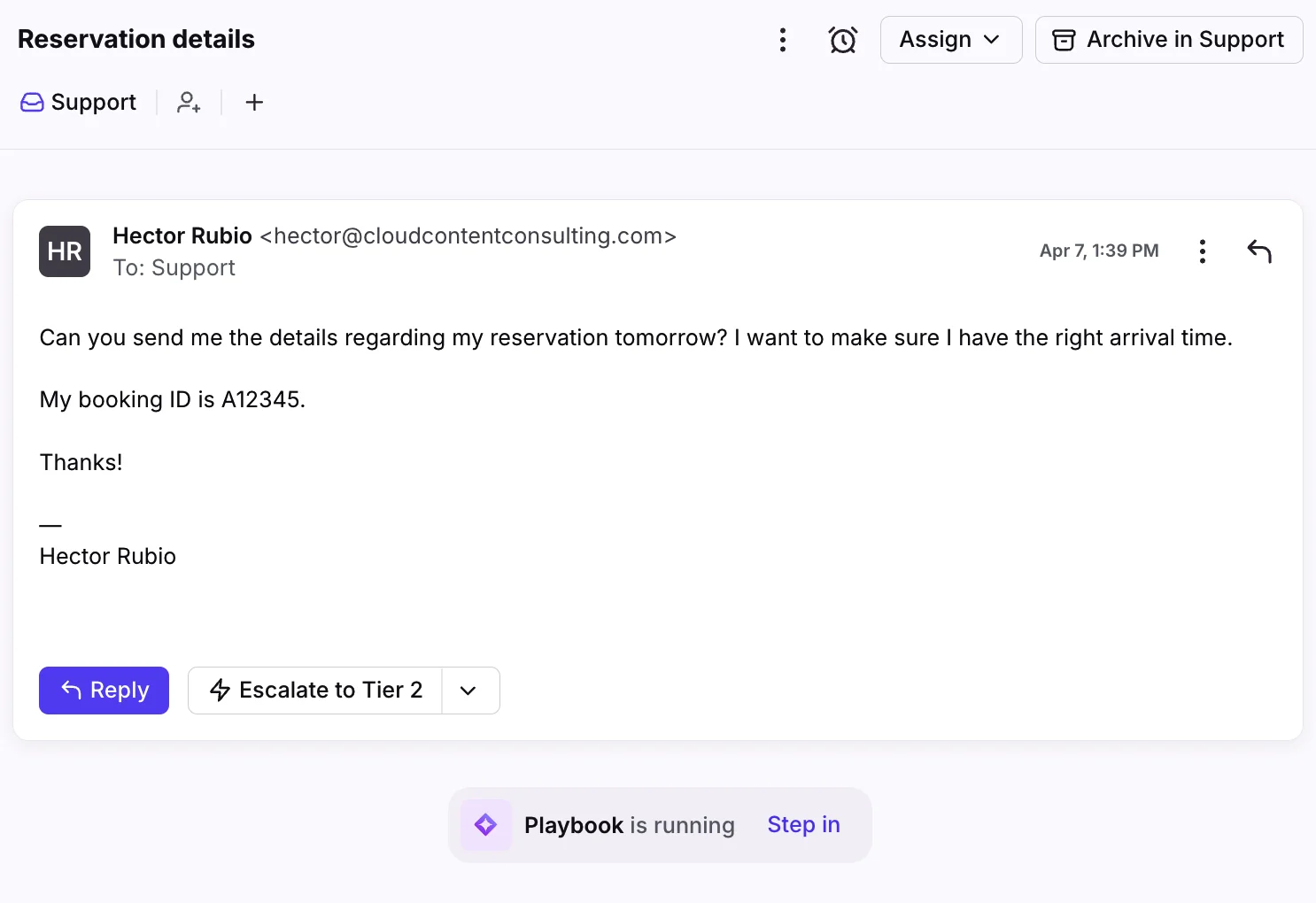Front conversation from a customer asking for reservation details, with a Playbook is running banner and a Step in link at the bottom, as taken from Front's help center