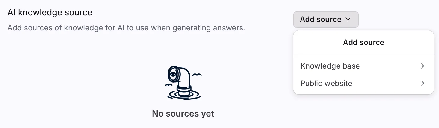 Front's AI knowledge source panel with an Add source menu for a knowledge base or public website