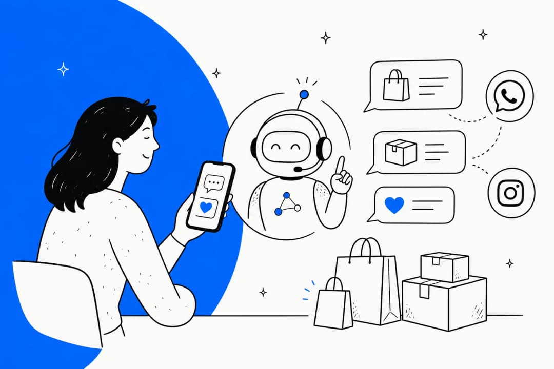 Hand-drawn illustration of a shopper chatting on her phone with a friendly AI robot, surrounded by chat bubbles, WhatsApp and Instagram icons, shopping bags and parcels