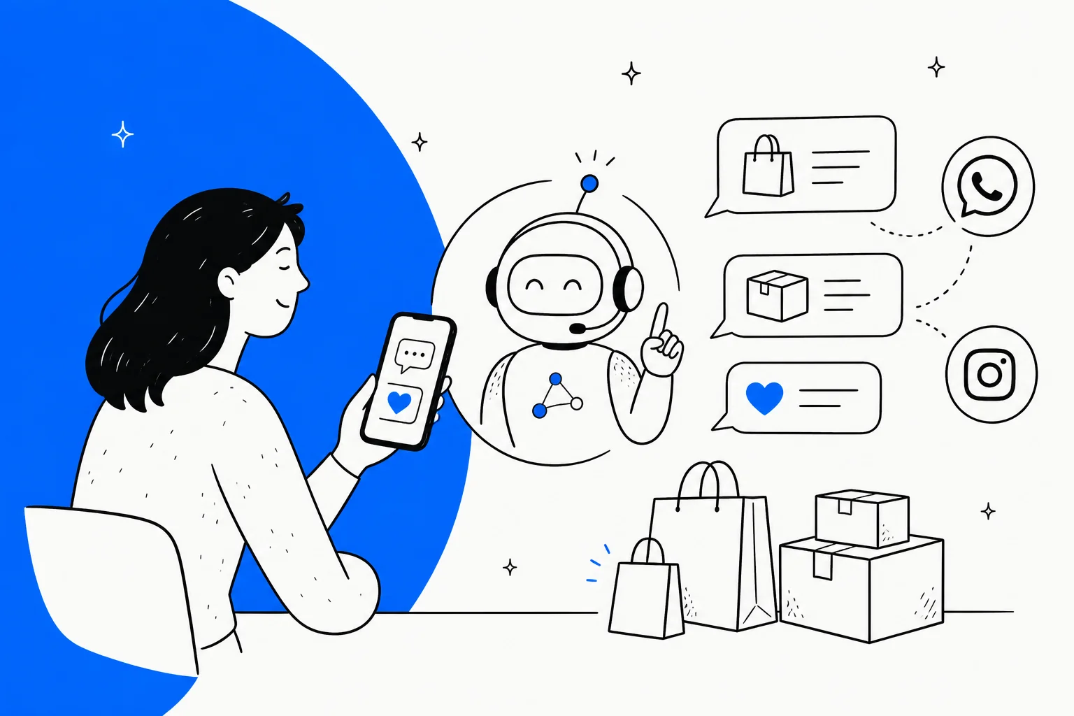 Hand-drawn illustration of a shopper chatting on her phone with a friendly AI robot, surrounded by chat bubbles, WhatsApp and Instagram icons, shopping bags and parcels