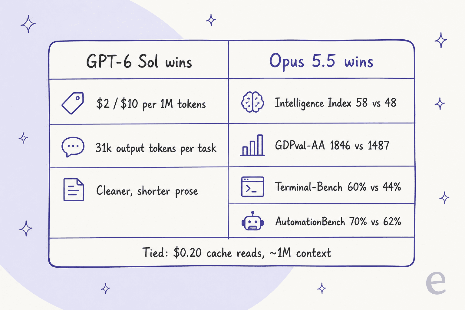 Hand-drawn scorecard with two columns: GPT-6 Sol wins on $2/$10 per 1M tokens, 31k output tokens per task and cleaner, shorter prose; Opus 5.5 wins on Intelligence Index 58 vs 48, GDPval-AA 1846 vs 1487, Terminal-Bench 60% vs 44% and AutomationBench 70% vs 62%; tied on $0.20 cache reads and about 1M context
