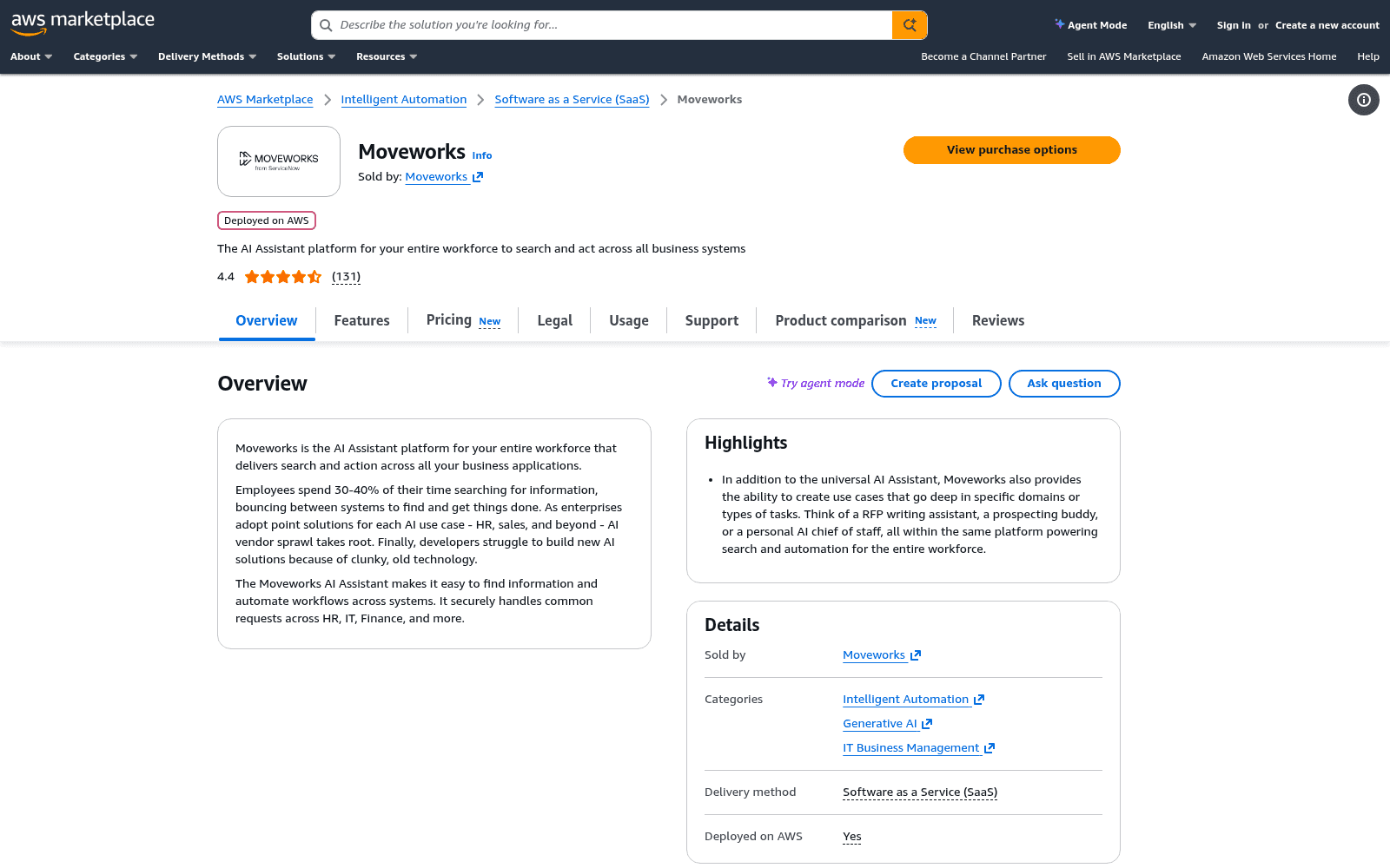 The AWS Marketplace listing for Moveworks, now branded from ServiceNow, as taken from AWS Marketplace