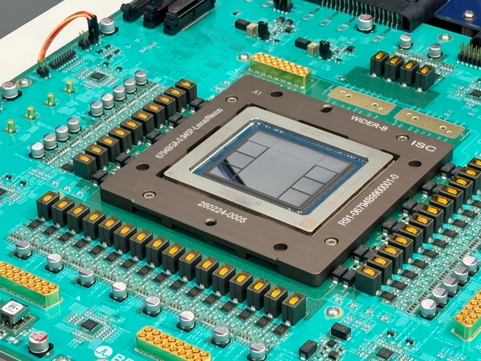 Close-up of the Jalapeño inference chip mounted on a teal circuit board, as shared by OpenAI