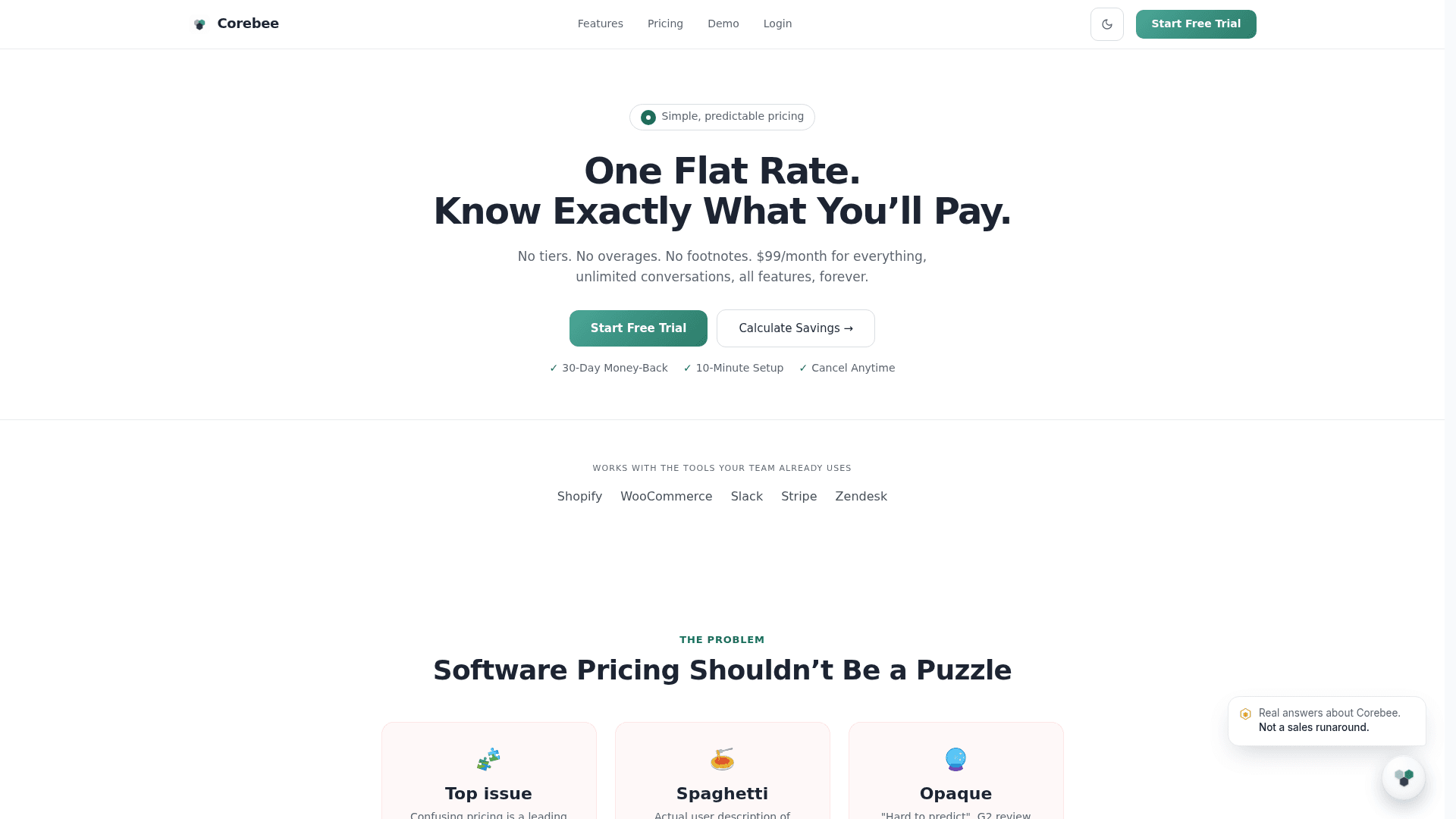 Corebee's pricing page, showing the single flat rate and the trial terms, as taken from Corebee