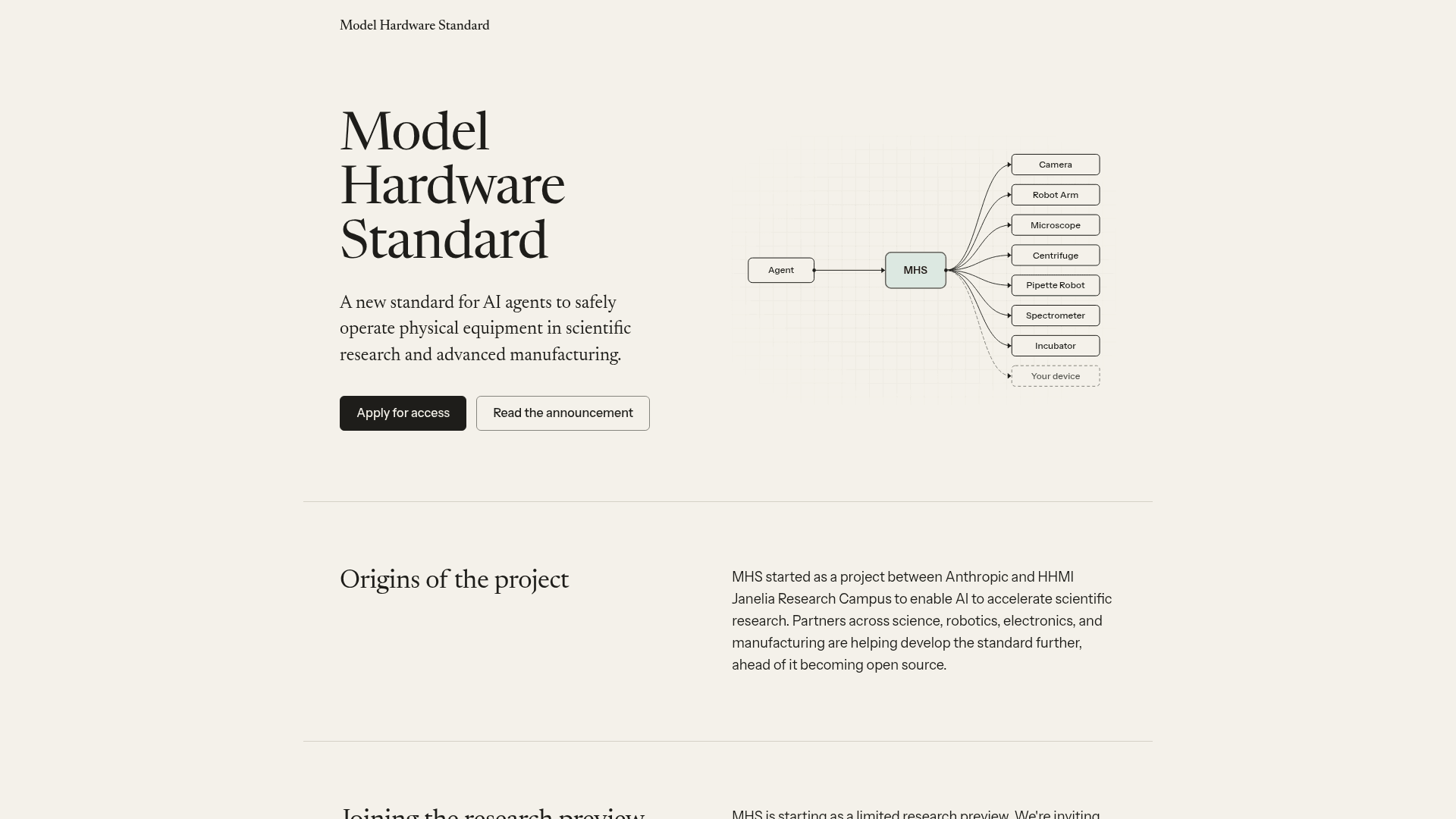 The MHS landing page showing an AI agent routing through MHS to a camera, robot arm, microscope, centrifuge, pipette robot, spectrometer, and incubator, as taken from Model Hardware Standard